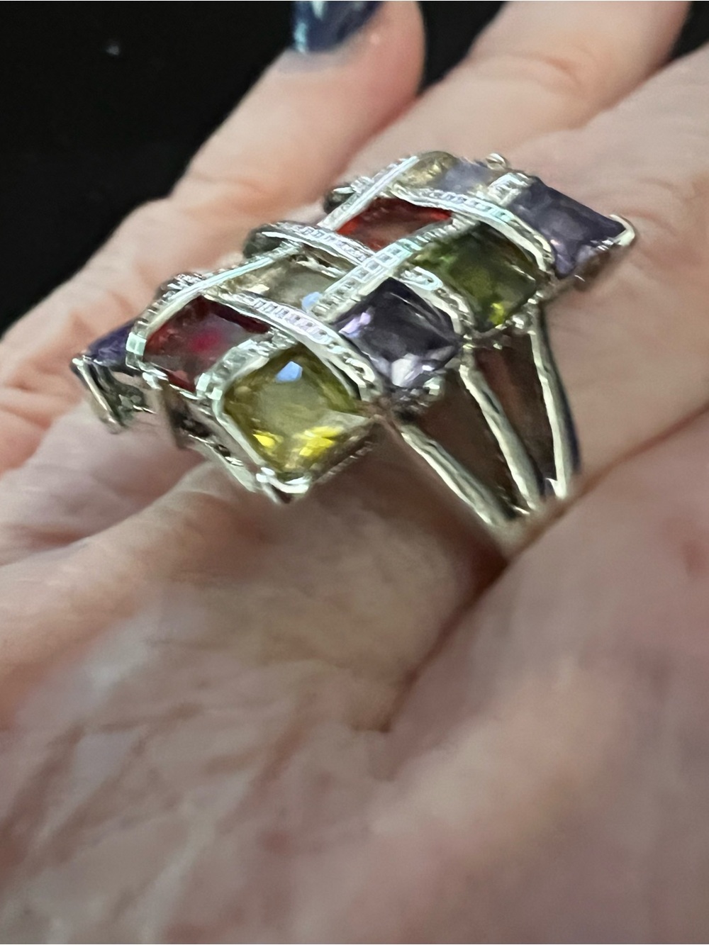 Multi-Gemstone Square Statement Ring - Silver Tone - Picture 7 of 12